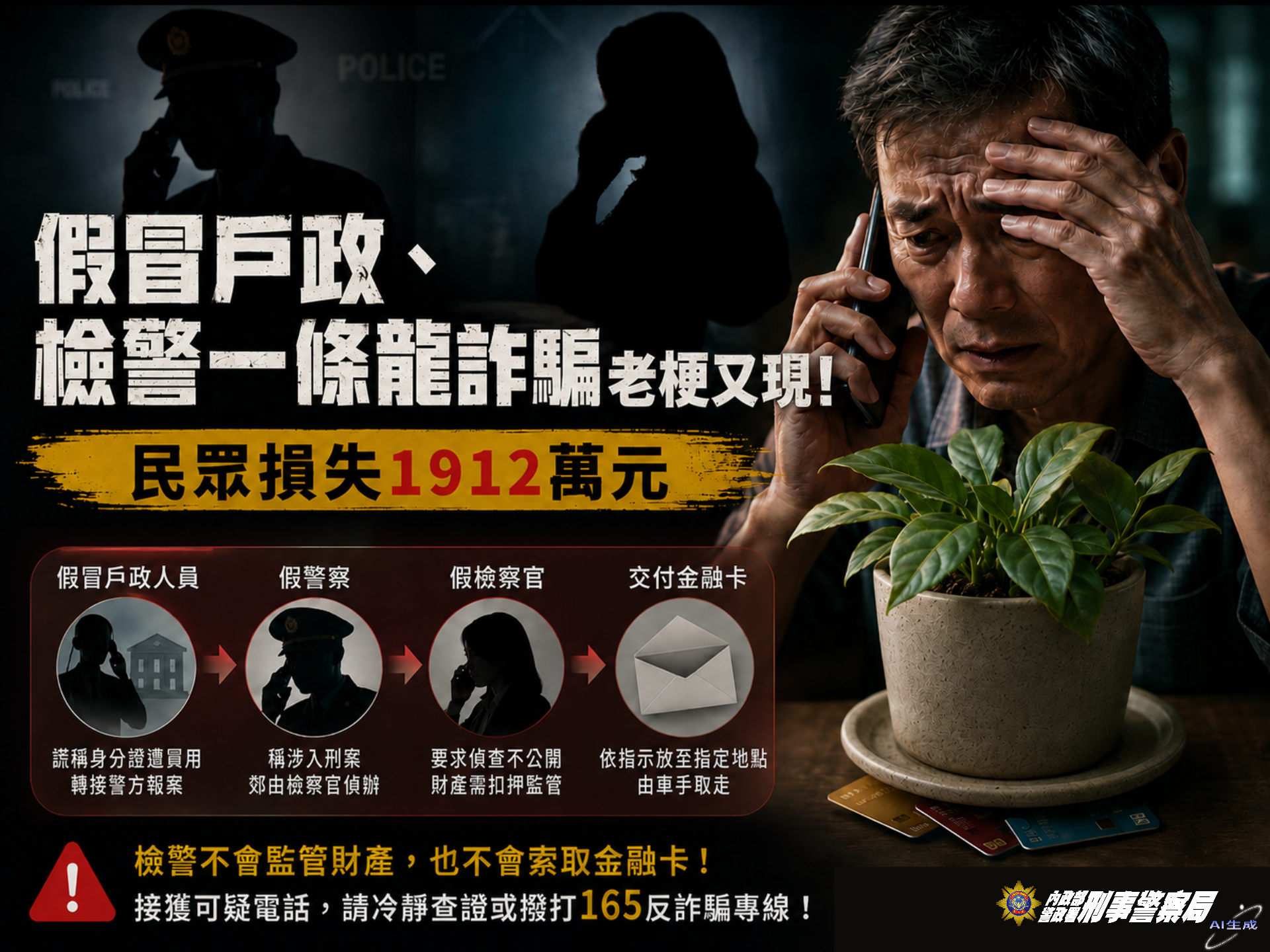 男聽信假檢警話術「金融卡藏花盆」遭取走 被騙1912萬 男聽信假檢警話術「金融卡藏花盆」遭取走 被騙1912萬